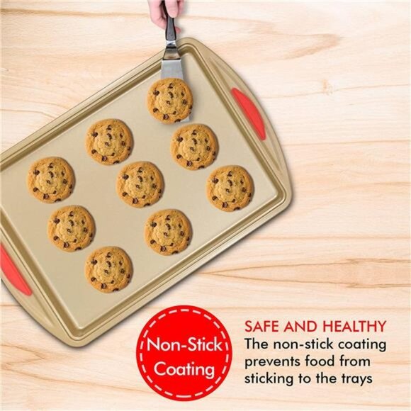 2 Piece Cookie Sheet Baking Pan Set, Gold Nonstick Trays with Red Silicone - Picture 6 of 6